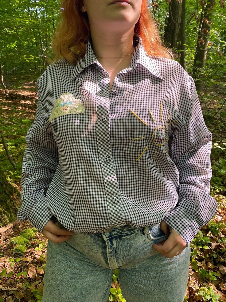 Thrifted black and white check shirt, embroidered with a smiling sun and a cool cloud :)  The original shirt size is a M. The model in the photo usually wears a M or L and is 1,57 cm tall. Care instructions: All of our clothes are thrifted and have previously been worn. Wash on a delicates wash cycle or hand-wash Wash in a cold cycle Lay flat or hang to dry Spring Trendy Gingham Shirt, Spring Cotton Gingham Shirt, Spring Gingham Cotton Shirt, Smiling Sun, Black And White Shirt, Check Shirt, White Shirt, Sunnies, Gender Neutral