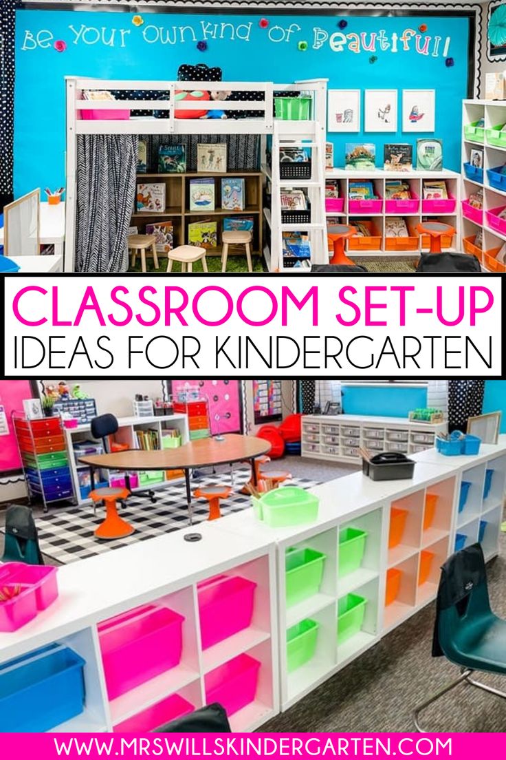 classroom set up ideas for kids with colorful bins and shelves on the wall in front of