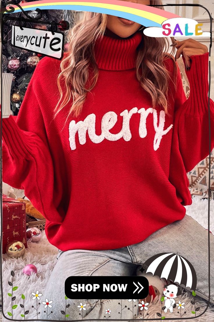 Red Merry Letter Embroidered High Neck Sweater Xmas Clothes, Red Christmas Sweater, Mom Fits, Batwing Sleeve Sweater, Dressing Ideas, Christmas Outfit Ideas, Red Turtleneck, Christmas Sweaters For Women, Amazon Clothes