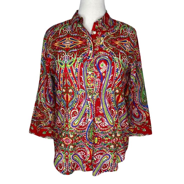 Brand New With Tags! Msrp $89.50 Size Large Color: Red-Multi Full Button Front Closure 3/4 Sleeves Pointed Collar Curved Hem 100% Cotton Machine Washable Flat-Lay Measurements: Shoulders 16" Bust 21" Hem 22.5" Length 27" Sleeves 19.5" Cuff 5" Red Printed Top With 3/4 Sleeve, Red Printed 3/4 Sleeve Top, Summer Red Blouse With Paisley Print, Red Printed Button-up Top, Red Long Sleeve Blouse With Paisley Print, Red Blouse With Floral Print And 3/4 Sleeve, Red Floral Print Blouse With 3/4 Sleeves, Paisley Print 3/4 Sleeve Summer Top, Paisley Print Summer Top With 3/4 Sleeves