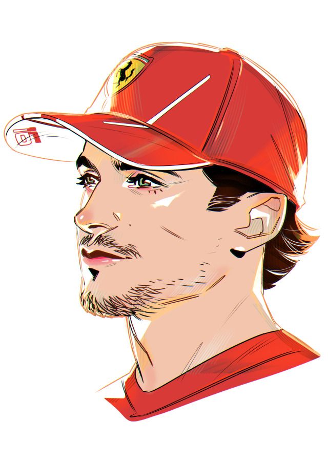 a drawing of a man wearing a red hat and looking off to the side with one eye open