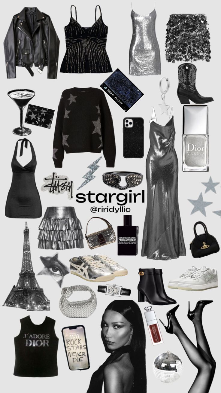 @riridyllic Star Themed Outfits, Silver Skirt Outfits, Black And Silver Outfits, Girls Party Outfits, Stargirl Aesthetic, 00s Mode, Silver Outfits, Black And Silver Dress, Silver Skirt