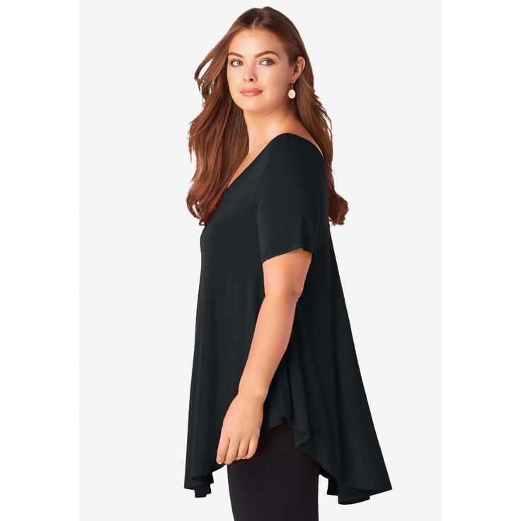 This top is crafted in an extra-flowy fabric and has a swing silhouette for an easy, chic fit. Perfect over leggings, but dresses up well over pants, too. With a shaped hem and front and back V-necks. Flattering Stretch Black Tops, Flattering Black Stretch Tops, Black Short Sleeve Viscose Top, Casual Black Flowy Tops, Versatile Black Viscose Blouse, Easy Chic, Loose Fit Blouse, Flowy Fabric, Swimsuits For All