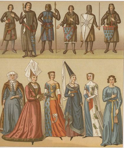 four different types of people dressed in medieval clothing, from the 16th century to the present day