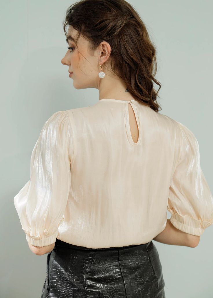 Organza Blouse /pearl Button Reception Blouse/ Bridesmaid | Etsy Elegant Beige Tops With Blouson Sleeves, Elegant Puff Sleeve Top With Blouson Sleeves, Chic Short Sleeve Wedding Tops, Chic Short Sleeve Tops For Wedding, Formal Feminine Beige Tops, Beige Puff Sleeve Top For Party, Elegant Cream Office Tops, Beige Formal Feminine Tops, Beige Feminine Formal Tops