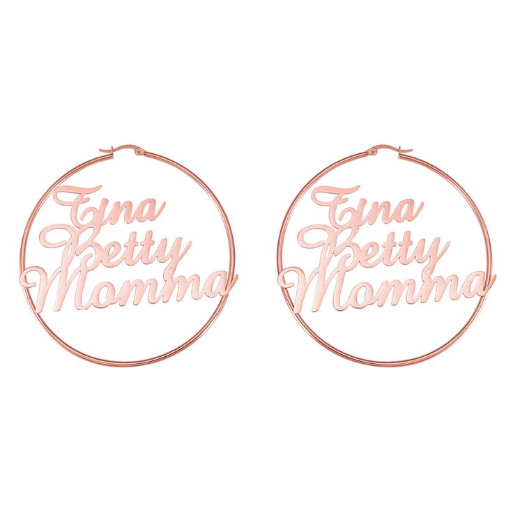 Font: These earrings are allow for customization in the middle of the earrings. You can choose a custom name or word style to make the earrings more cool and unique. It is suitable to wear this unique name earring in your daily life or on some special occasions, or as a gift to your girlfriend or family. We will put it in a beautiful box and send it to your side Trendy Custom Text Jewelry For Personalized Gift, Custom Name Metal Earrings For Gift, Custom Name Metal Earrings As Gift, Customizable Rose Gold Metal Jewelry, Personalized Name Earrings For Mother's Day, Personalized Silver Metal Hoop Earrings, Customized Earrings For Mother's Day, Personalized Rose Gold Earrings For Mother's Day, Trendy Personalized Metal Hoop Earrings