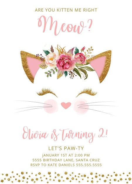 a pink and gold cat birthday party with flowers on it's head, which says meow?