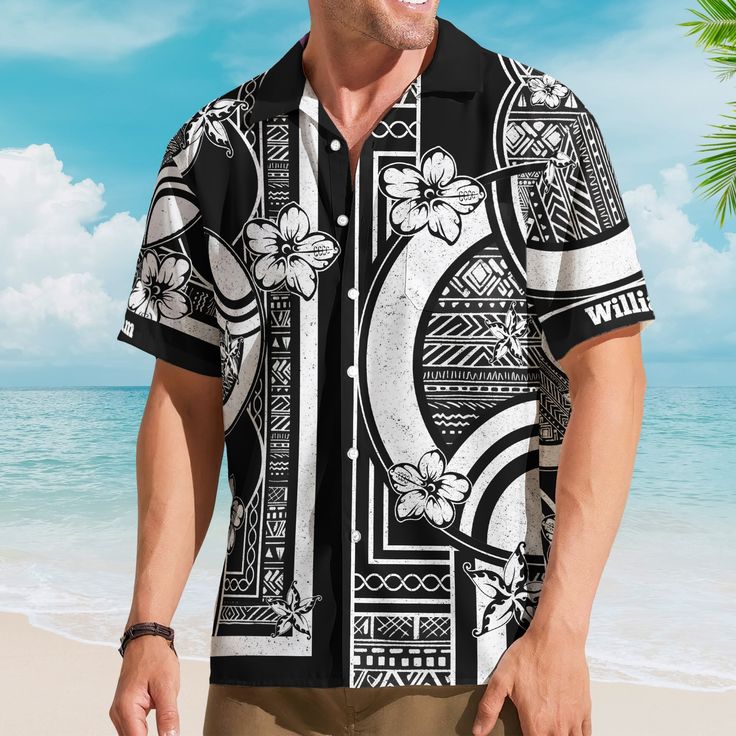 Introducing our custom Hawaiian shirts, a sartorial masterpiece that blends traditional charm with a touch of modern customization. Adorned with the distinctive kapa pattern of Hawaii and vibrant tropical motifs, this shirt captures the essence of the islands in every stitch. What sets it apart is the opportunity to make it uniquely yours—customize it with a name, creating a personalized garment that reflects individual style. This custom Hawaiian shirt is more than just a piece of clothing; it's a wearable celebration of family ties and cherished moments. Ideal as a thoughtful gift for dads, grandpas, or any loved one, this shirt is the epitome of summer vibes, making it a perfect Father's Day or summer occasion gift. Imagine the joy of your recipient as they don a shirt that not only emb Traditional Black Printed Shirt, Black Hawaiian Camp Shirt With Graphic Print, Black Hawaiian Shirt With Graphic Print, Black Printed Collared Hawaiian Shirt, Black Collared Hawaiian Shirt, Black Hawaiian Printed Shirt, Black Collared Hawaiian Shirt With Graphic Print, Black Relaxed Fit Hawaiian Shirt, Black Printed Collared Short Sleeve Shirt