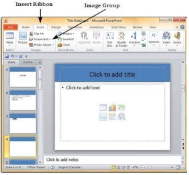 the powerpoint slide is shown with an arrow pointing to click on it and then click to add text