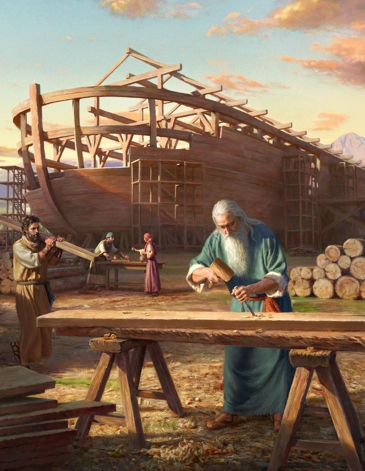 a painting of an old man working on wood in front of a wooden structure with people standing around it