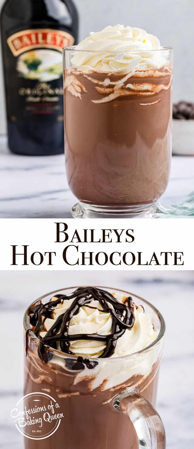 bailey's hot chocolate in a glass mug with whipped cream and chocolate drizzle