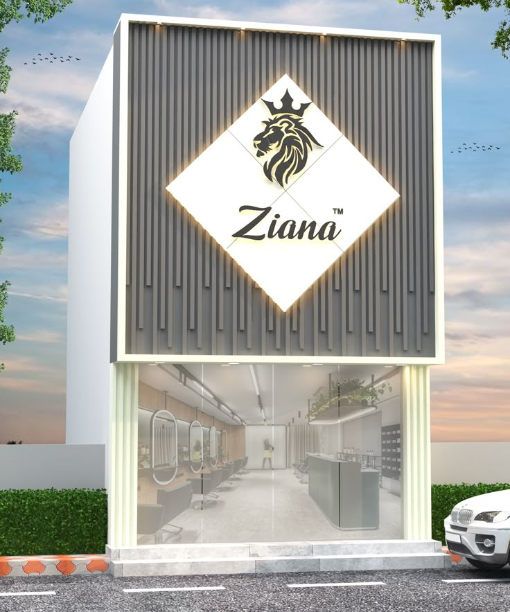 a car parked in front of a building with a sign that says zana on it