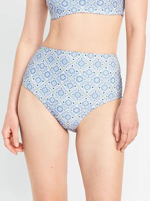 High-Waisted French-Cut Bikini Swim Bottoms | Old Navy Trendy Brief Bottoms For Vacation, High Waist Printed Bottoms For Beach Season, Trendy Brief Bottoms For Poolside, Multicolor Printed Bottoms For Pool, Printed Patterned Bottoms For Beach Season, High-cut Leg Bottoms For Pool In Spring, Fitted Printed Bottoms For Beachwear, Trendy Poolside Bottoms With Elastic Waistband, Printed Fitted Bottoms For Poolside