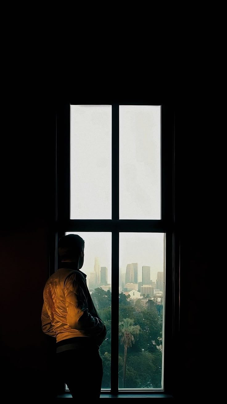 a person standing in front of a window looking out at the city