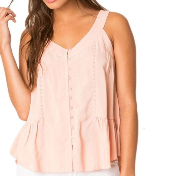 A High Low Peplum Top With A Button Front And A Flowy Hem Through The Front And Back. Brand New. Boutique. Bust: 8 32” 10 34” Chic Vacation Tops With Button Closure, Chic Tops With Button Closure For Vacation, Feminine Button-up Tops For Vacation, Spring Vacation Tops With Buttons, Feminine Buttoned Tops For Beach, Feminine Buttoned Tops For The Beach, Summer Rayon Blouse With Button Closure, Summer Brunch Tops With Button Closure, Summer Tops With Button Closure For Spring