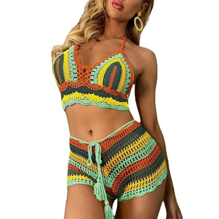 Never Worn Size Small Green, Orange, Yellow Babydoll Tops, Crochet Set, Babydoll Top, Beach Wears, Beach Wear, Green Orange, Orange Yellow, Green And Orange, Crochet Projects