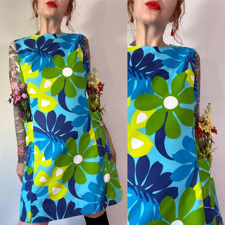 Flower Power. Super fun Vintage 1970's large scale flower power mini dress in shades of green & blue with large side patch pockets by Ja-Na of Hawaii. A perfect day to night cutie, plus hands free with those pockets.  💚💙 Fits L (I'm about a M), but please use measurements as fit guide.  15" shoulder  20" bust (on the half)  17.75" waist (on the half)  21.25" hip (on the half) 1.5" front vents  36.75" length  Unlined  Center back Talon zipper and single hook closure  Cotton - midweight  Side bu 1960s Inspired, Palm Desert, A Perfect Day, Dress Clothes For Women, Vintage 1970s, Shades Of Green, Flower Power, Patch Pocket, 1970s