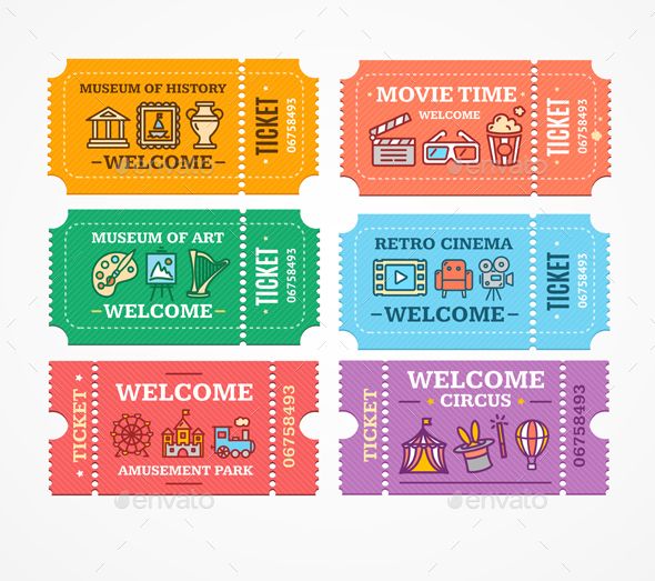 four different colored tickets with the words welcome