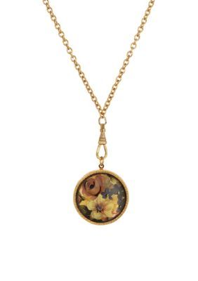 Featuring a vibrant array of multicolor floral glass encased in a locket pendant, this necklace exudes vintage charm. Suspended from a 14K gold-dipped linking chain, it offers a touch of timeless elegance to any ensemble. | 1928 Jewelry 14K Gold Dipped Floral Locket Necklace Vintage Necklace With Detachable Round Pendant, Vintage Charm Yellow Gold Flower Pendant Necklace, Vintage Yellow Gold Jewelry With Detachable Pendant, Vintage Medallion Jewelry With Detachable Pendant, Vintage Gold Necklace With Pressed Flowers, Vintage Flower Pendant Necklace Keepsake, Vintage Flower Pendant Necklace For Keepsake, Vintage Flower Pendant Keepsake Necklace, Vintage Pressed Flowers Jewelry Keepsake