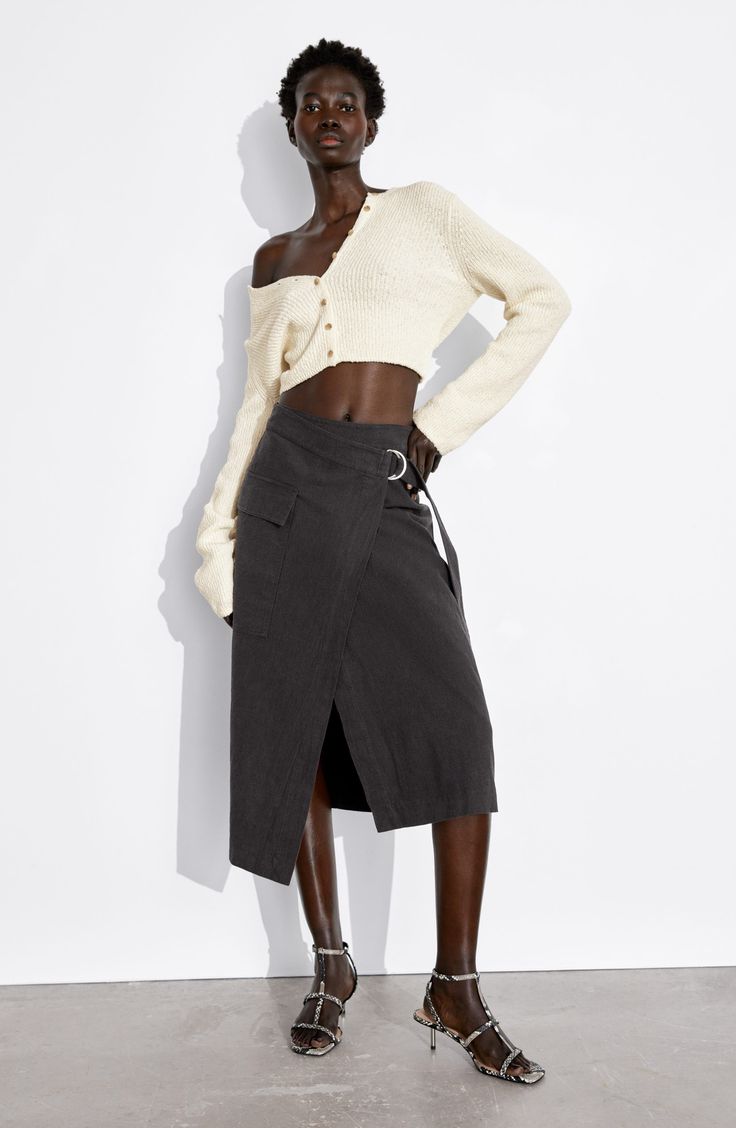 An adjustable D-ring belt and cargo pocket add utilitarian elements to a nonstretch midi skirt finished with an asymmetric hem for contemporary appeal. Attached belt Cargo flap-patch pocket 55% hemp, 45% cotton Dry clean or machine wash, line dry Imported High Waist Cargo Skirt For Fall Workwear, High-waisted Cargo Skirt For Workwear, Modern Asymmetrical Skirt For Fall, High Waist Cargo Skirt With Cargo Pockets For Work, High Waist Cargo Skirt For Work, Chic Bottoms With Belt Loops And Asymmetrical Hem, Fall Cargo Skirt With Belt Loops, Fitted Cargo Skirt With Belt Loops For Fall, Fall Cargo Skirt With Pockets For Workwear