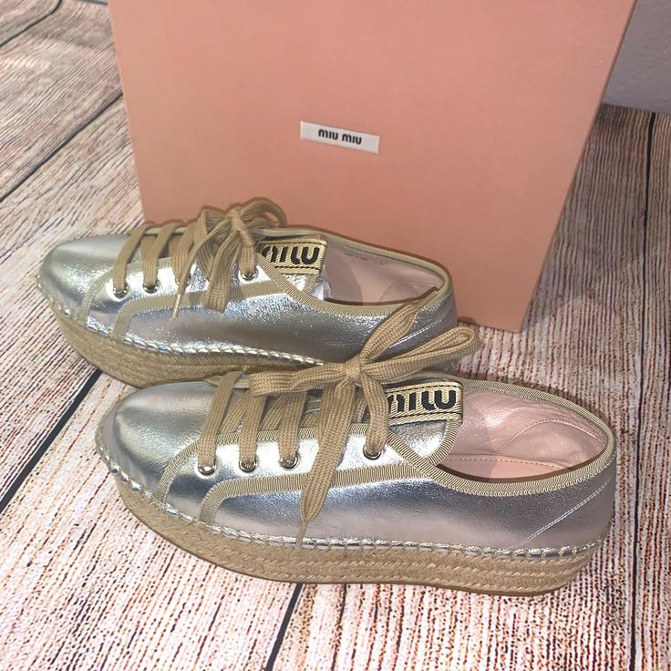 Remember- All Items Over $500 Are Authenticated And Examined By Poshmark Experts At Their Headquarters Prior To It Being Delivered To You! Yes, It Is 100% Authentic Miu Miu Mordore Platform Metallic Sneakers Nwt. Comes In Its Original Box. Sz 41. Wedge Height Approximately 2inches Designer Summer Sneakers With Round Toe, Designer Round Toe Sneakers For Summer, Luxury Round Toe Platform Sneakers, Designer Sneakers With Round Toe For Summer, Summer Sneakers With Leather Sole And Flat Shape, Summer Flat Sneakers With Leather Sole, Designer Low-top Summer Sneakers, Designer Low-top Sneakers For Summer, Designer Lace-up Summer Sneakers