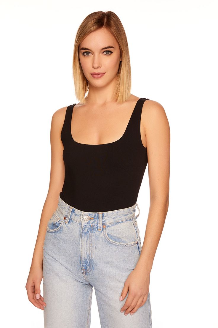 86% nylon 14% spandex machine washable model is 5’11” wearing size XS Open Back Tank, Scoop Neck Bodysuit, Bodysuit Designs, Tank Bodysuit, Cool Tanks, Dillard's, Black Bodysuit, Low Back, Capsule Wardrobe