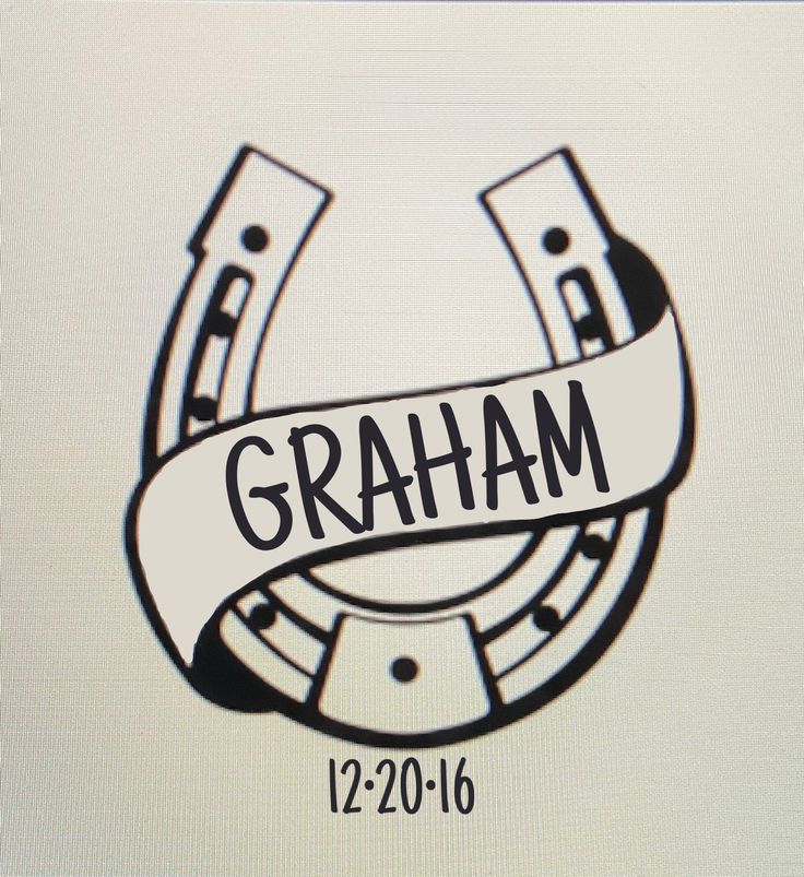 a drawing of a horseshoe with the name graham on it and a ribbon around it