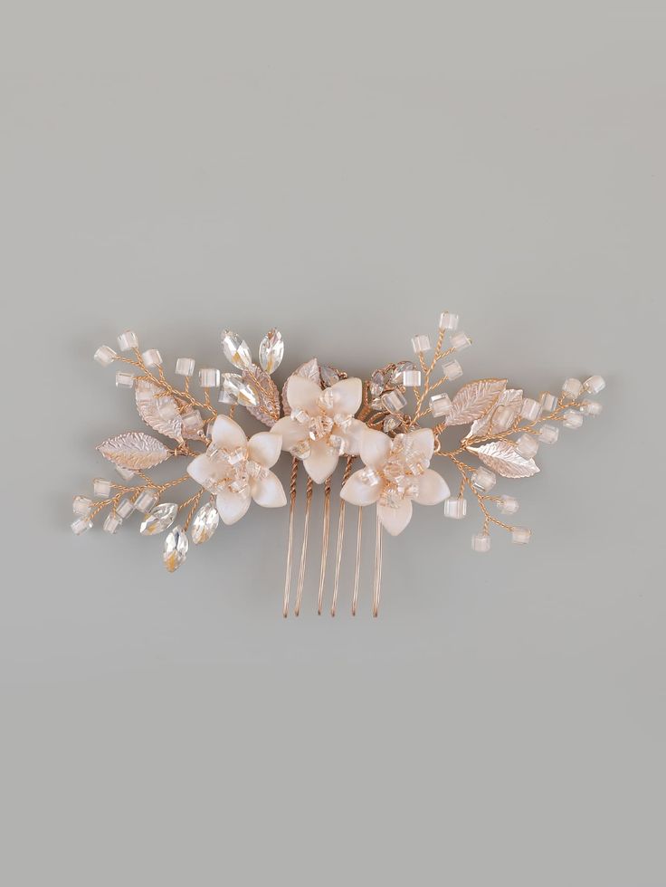 Pink  Collar  ABS Floral Hair Combs Embellished   Weddings & Events Gold Beach Wedding, Gold Bridal Hair Accessories, Rose Gold Hair Piece, Rose Gold Hair Accessories, Gold Hair Comb Wedding, Gold Bridal Hair Comb, Red And White Weddings, Decorative Hair Combs, Bridal Headwear