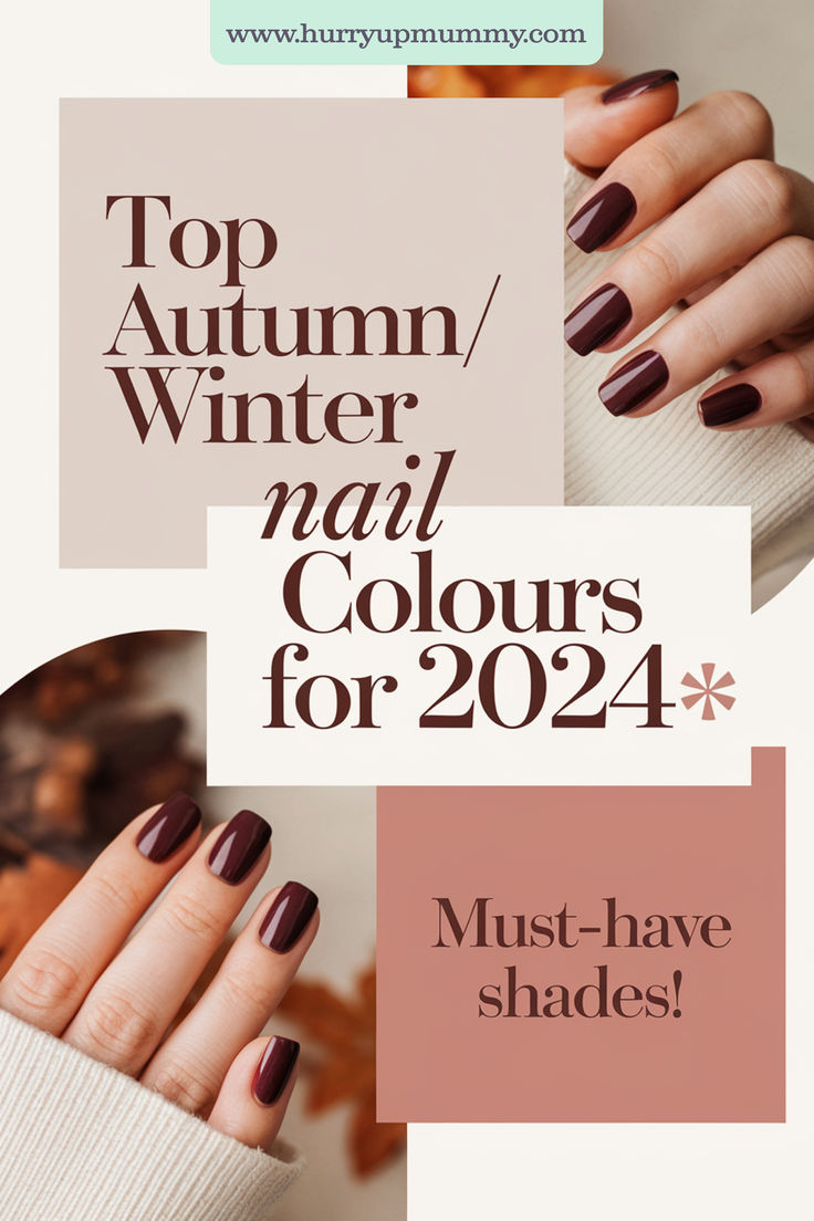 A close-up of a hand with deep burgundy nail polish, styled with a cozy sweater, set against a fall-inspired background. Dark Autumn Nails Colour, Neutral Nails 2024, Winter Nail Colours, Nail Polish Colours, Nail Colors Winter, Nail Care Tips, Dark Autumn, Nail Colours, Best Nail Polish