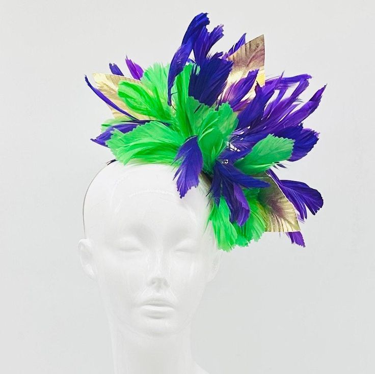 Handmade by Featured Milliner of The Kentucky Derby Museum 2023 & 2024! Green, purple, gold Kentucky Derby Fascinator Attaches with headband.  Not taking customs this year--Derby 150 is going to be massive and mom life keeps me running! However, happy to suggest pieces that will coordinate with your outfit. If you don't love the way this attaches to your head--message me!  I can swtich *most* pieces to your preference. Clip, Headband OR Elastic Cord  NOTE: Heavier pieces with extravagant florals etc require the stability of a headband. NO RETURNS/EXCHANGES due to nature of product (special occasion and head wear). Not all screens/lighting are created equal. Make sure you are happy with the color match before ordering! If you have any concerns, let me know--here to help. Just say the word. Purple Mardi Gras Party Costume Hats And Headpieces, Elegant Costume Hats And Headpieces For Mardi Gras Party, Purple Mardi Gras Party Costume Hat, Purple Carnival Headpiece For Party, Purple Headpiece For Party And Carnival, Purple Headpieces For Party And Carnival, Purple Costume Hats And Headpieces For Carnival Party, Elegant Multicolor Carnival Headpieces, Multicolor Mardi Gras Party Costume Hats And Headpieces