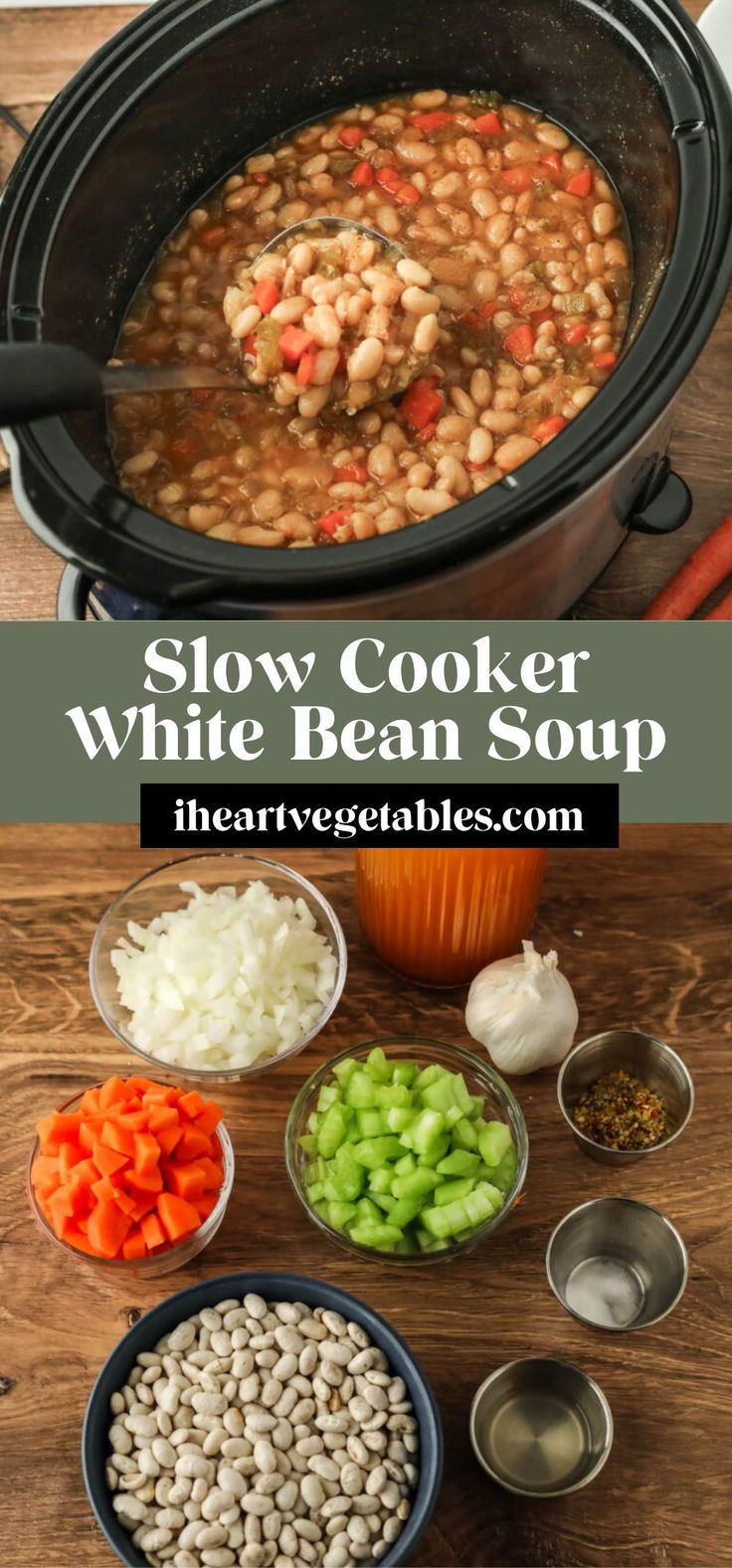 slow cooker white bean soup with carrots, celery and onions in bowls