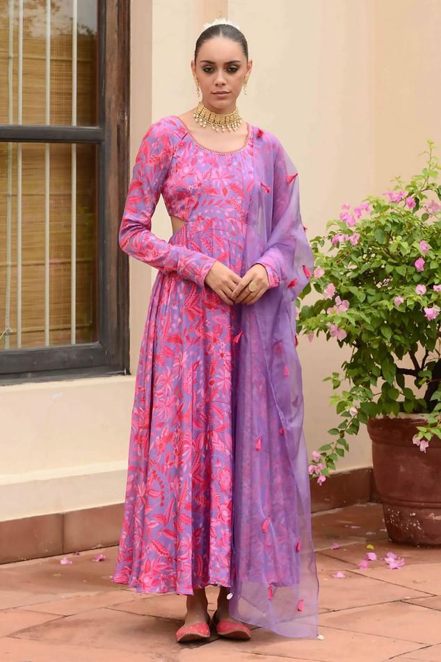 Lilac, pink anarkali with floral print and side cut-out detailing. Paired with dupatta.
Components: 2
Pattern: Printed, Embroidery
Type Of Work: Floral, shell
Neckline: Round
Sleeve Type: Churidar sleeves
Fabric: Crepe, Organza
Color: Purple,Pink
Other Details: 
Back tassel tie-up
Tassel embroidered sheer dupatta
Occasion: Reception - Aza Fashions Floor-length Chikankari Embroidered Churidar, Semi-stitched Floor-length Anarkali Set With Chikankari Embroidery, Pink Chanderi Salwar Kameez For Reception, Pink Salwar Kameez With Zari Work For Reception, Pink Lehenga With Chikankari Embroidery And Long Sleeves, Semi-stitched Chikankari Anarkali Set, Pink Long Sleeve Georgette Traditional Wear, Semi-stitched Anarkali Choli With Chikankari Embroidery, Long Pink Kurta With Zari Work