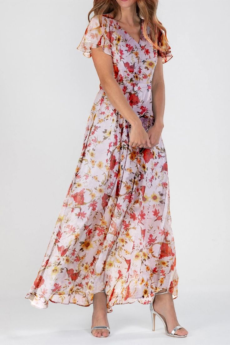 V Neck Short Sleeve Chiffon Floral Maxi Dress Floral Chiffon Maxi Dress, Dress With Ruffle Sleeves, Boho Fashion Summer, Chiffon Floral, Chiffon Maxi, Chiffon Maxi Dress, Ruffled Maxi Dress, Wedding Guests, Floral Dress Summer