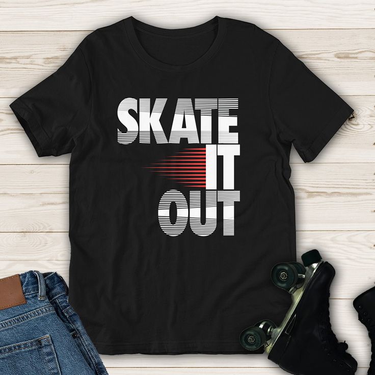 "It's comfortable and flattering for both men and women when roller skating, rollerblading, ice skating or skateboarding. This skating t-shirt feels soft and lightweight, with the right amount of stretch.  Please see sizing chart in gallery for a proper fit. This design represents why we skate. We all have personal struggles and we skate to \"Skate it Out\" to forget about them, to find peace, and to find sanity. * 100% combed and ring-spun cotton (Heather colors contain polyester) * Ash color is 99% combed and ring-spun cotton, 1% polyester * Heather colors are 52% combed and ring-spun cotton, 48% polyester * Athletic and Black Heather are 90% combed and ring-spun cotton, 10% polyester * Heather Prism colors are 99% combed and ring-spun cotton, 1% polyester * Fabric weight: 4.2 oz (142 g/ Sporty Skateboarding Tops With Logo Print, Black Logo Print Top For Skateboarding, Black Tops With Logo Print For Skateboarding, Black Urban Tops For Skateboarding, Black Relaxed Fit T-shirt For Skateboarding, Black Crew Neck Top For Skateboarding, Black Letter Print T-shirt For Skateboarding, Casual T-shirt With Graphic Print For Snowboarding, Relaxed Fit Letter Print T-shirt For Skateboarding