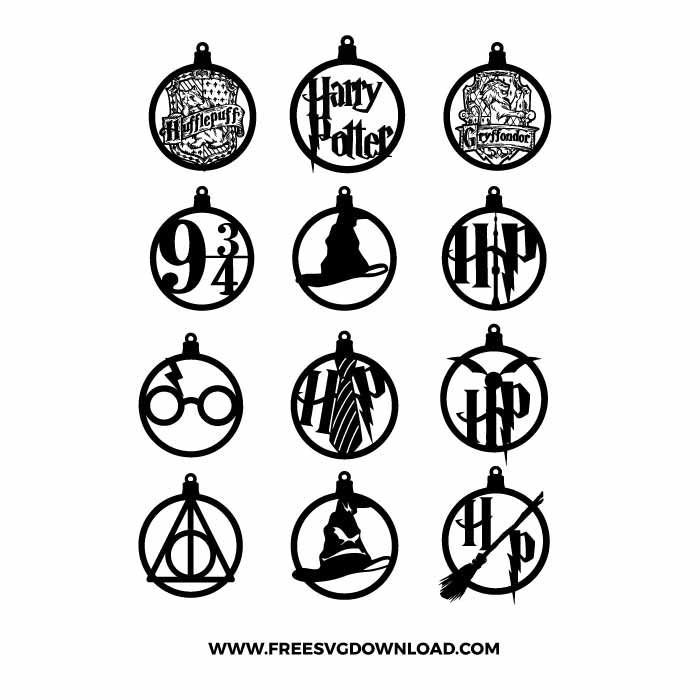 harry potter christmas ornament set in black and white with the hog potter logo