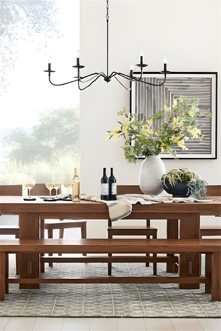 a dining room table and chairs with vases on it