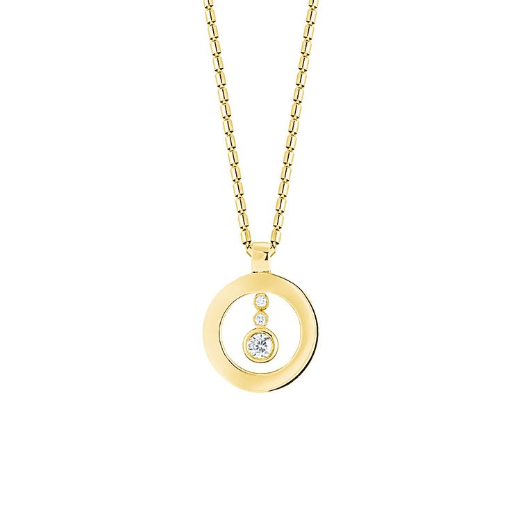 When you feast your eyes on this circle pendent from Roberto Coin's Cento collection, you will be thrilled! Lush 18kt yellow gold is crafted into a small circle, while three diamonds drop into the center. The brilliance of the 100-facet gemstones is magnified by the vibrant color of precious metal. Let this Roberto Coin necklace take your breath away! Modern Diamond Necklace With Round Pendant, Round Diamond Necklace With Detachable Pendant, Modern Yellow Gold Diamond Necklace With Round Cut, Diamond Necklace With Detachable Round Pendant, Modern Yellow Gold Brilliant Cut Diamond Necklace, Modern Yellow Gold Diamond Necklace Round Cut, Modern Brilliant Cut Yellow Gold Diamond Necklace, Detachable Round Diamond Pendant Necklace, Modern Round Diamond Necklace With Single Diamond