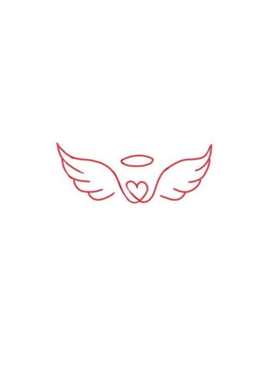 a red line drawing of two wings with hearts in the middle and an angel's wing