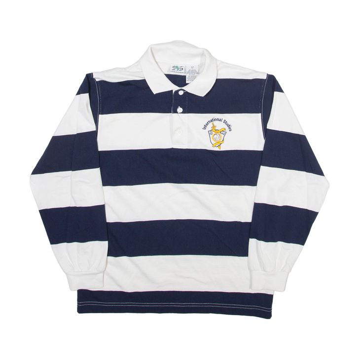 ALL UNIFORM International Studies Polo Shirt Blue Striped Long Sleeve Boys L Blue Collared Tops For College, Classic Blue College Tops, Striped Long Sleeve Tops For College, Classic Blue Top For Everyday Wear, Navy Retro Long Sleeve Top, Retro Long Sleeve Navy Top, Long Sleeve Blue Shirt For College, Cotton Long Sleeve School Shirt, Blue Long Sleeve Shirt For College