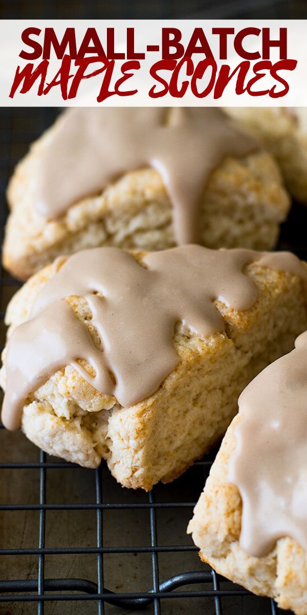 small batch maple scones with icing on a cooling rack and text overlay that reads, small batch maple scones