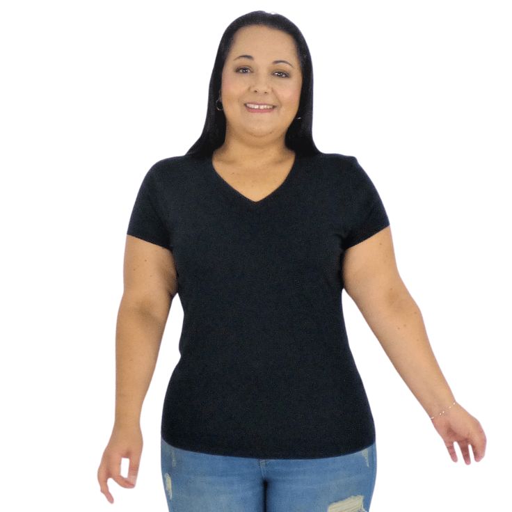 Our lightweight cotton V-neck tee is perfect for layering. Wear it under a sweater, a plaid shirt or dress it up by throwing on a jacket on. It has a V-neck which creates a sleek and slimming look on any body type. Sits Right on the Hip Regular Fit Straight Hem V-Neck Short Sleeve Slight Stretch 95% Cotton, 5% Spandex CARE: Machine wash with cold water. Do not bleach. Tumble dry low. Do not iron FIT: Our model is wearing size 1X (12-14) Height: 5.3' Bust: 43" Waist: 36" Hips: 50" Fall V-neck T-shirt, V-neck Stretch T-shirt For Layering, Stretch V-neck T-shirt For Layering, Trendy V-neck T-shirt For Fall, Trendy Short Sleeve V-neck Top For Fall, Fall Trendy V-neck T-shirt, Trendy V-neck Fall T-shirt, Cotton V-neck T-shirt For Fall, Casual Short Sleeve V-neck Top For Fall