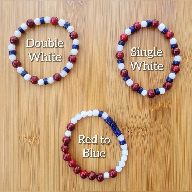 A patriotic take on the ever so popular elastic bracelet! - Important! There are only two of each style in stock, and they may not be made again - Modeled and designed for a 6.5" wrist - Unstretched approx. 7.25" circumference - White crackle agate, red dyed quartz, and blue dyed lapis are the beads used in all three of these bracelets - The elastic is strong, I have used it in many bead bracelets for myself and it has never broken - Please note that the three types of beads are slightly differe Patriotic Round Beads Stretch Bracelet For 4th Of July, Casual Multicolor Bracelets For 4th Of July, Patriotic Multicolor Stretch Bracelet For 4th Of July, Patriotic Beaded Bracelets For 4th Of July, Adjustable Patriotic Friendship Bracelets For 4th Of July, Adjustable White Bracelet For 4th Of July, Patriotic White Stretch Bracelet With Round Beads, Patriotic Adjustable Friendship Bracelets, Adjustable Patriotic Friendship Bracelets