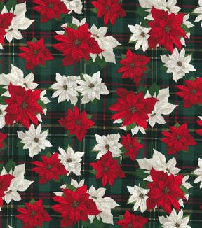 red and white poinsettis on green plaid fabric