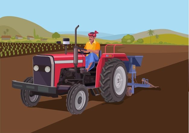 a man riding on the back of a red tractor