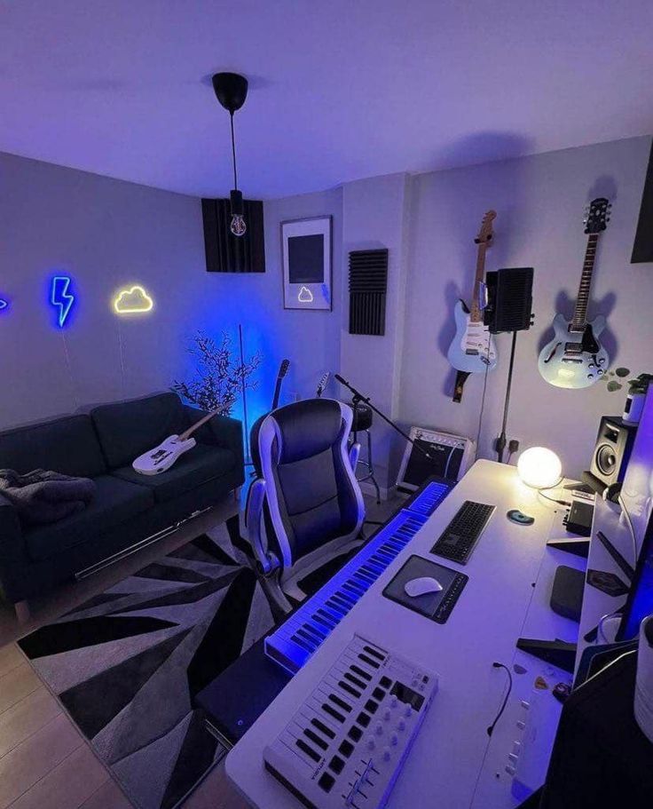 a living room filled with furniture and musical instruments on top of a white table covered in blue lights