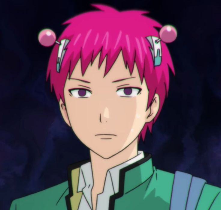 an anime character with pink hair and piercings on his ears looking at the camera