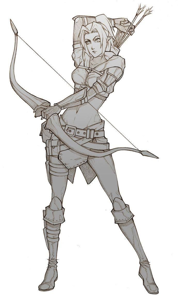 a drawing of a female character holding a bow and arrow