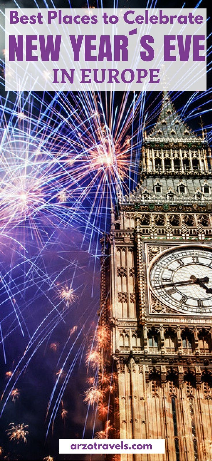 the big ben clock tower with fireworks in the sky and text overlay reads best places to celebrate new year's eve in europe