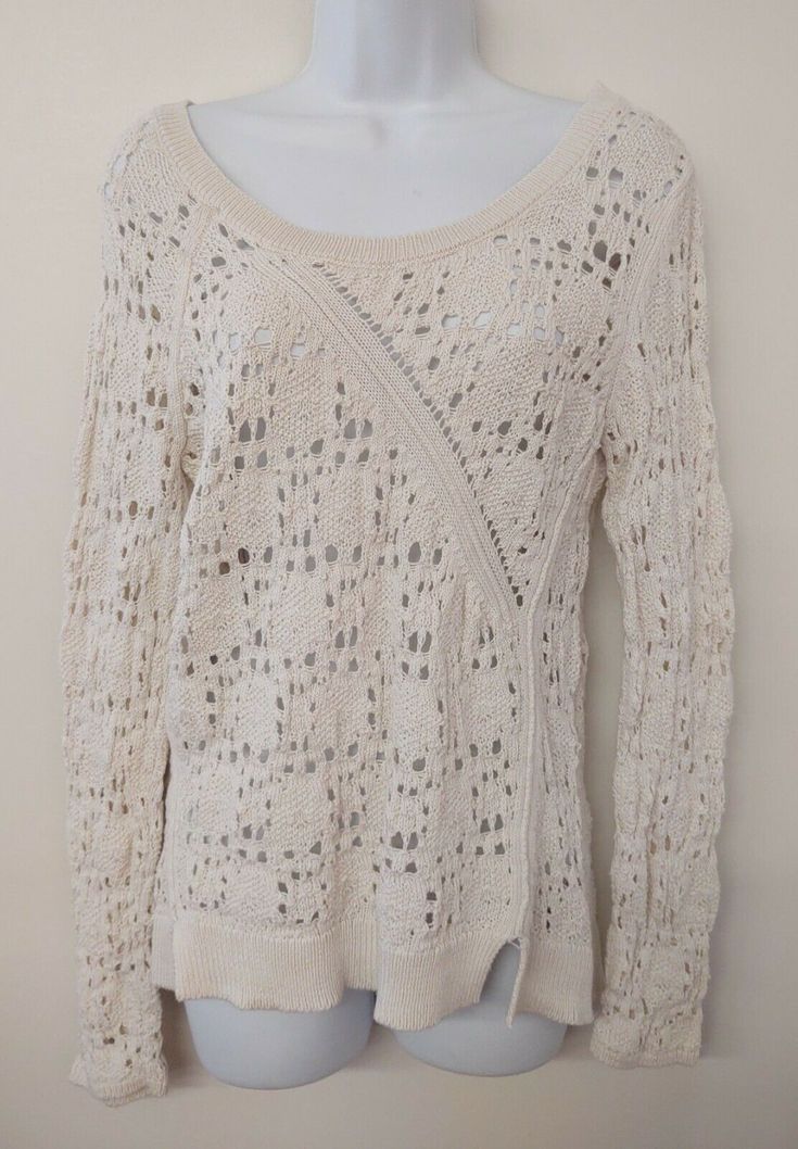 Anthropologie Knitted & Knotted Ivory Pullover Sweater Fisherman's Net / Open-Knit Weave Size Medium 99% Cotton / 1% Spandex Style:  Fitted Sleeve Style:  Long & Fitted Wide Scoop Neck at Front Wide Slight V-Neck at Back Hi-Low Hem w/ 2" Notches at Hips Approximate Measurements (laying flat) in Inches: Neck Opening - 13" Shoulder to Shoulder - 15" Armpit to Armpit (Bust) -  Sleeve Length - 25" Length (Shoulder to Hem) @ Front - 25.5" Length (Shoulder to Hem) @ Back - 28" Please ask any questions Off White Open Knit Sweater For Fall, Cream Open Knit Sweater For Layering, Off White Open Knit Sweater, Beige Bohemian Textured Knit Sweater, Cream Cotton Pointelle Knit Sweater, Cream Open Knit Cotton Sweater, Cream Long Sleeve Open Knit Tops, Off White Long Sleeve Pointelle Knit Sweater, Cream Cotton Open Knit Sweater