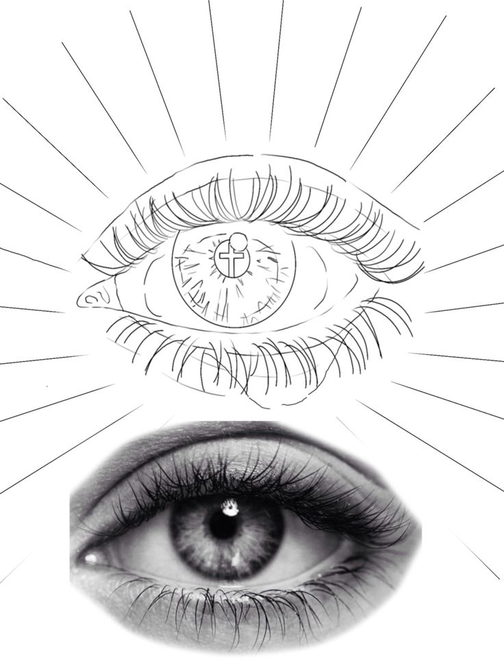 an eye is shown with the sun coming out from its iris's eyes and it appears to be drawn in black and white